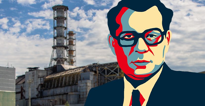 Valery Legasov art on the backdrop of Chernobyl