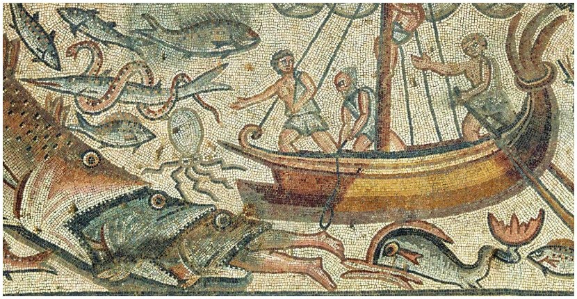 A mosaic depicting Detail from Jonah being swallowed by a giant fish. (Jim Haberman, Courtesy UNC-Chapel Hill)
