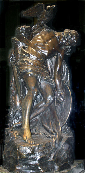 Statue of Cuchulainn by Oliver Sheppard in the window of the GPO, Dublin – commemorating the 1916 rising. Photo by Kman999 CC by 3.0