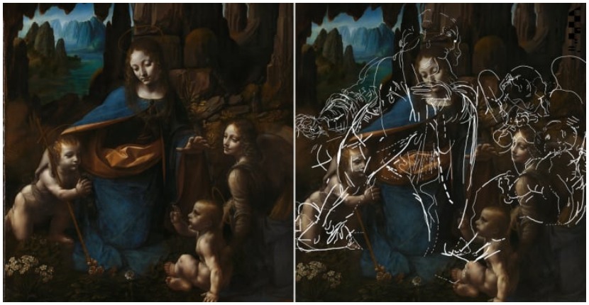 The finished painting and Leonardo's hidden sketches shown on the canvas. Photo courtesy of The National Gallery