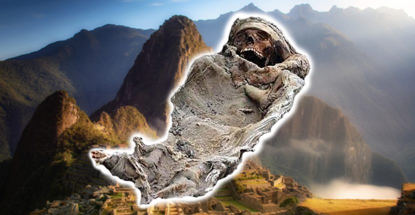 Image of one of the child burials found with Machu Picchu in background.