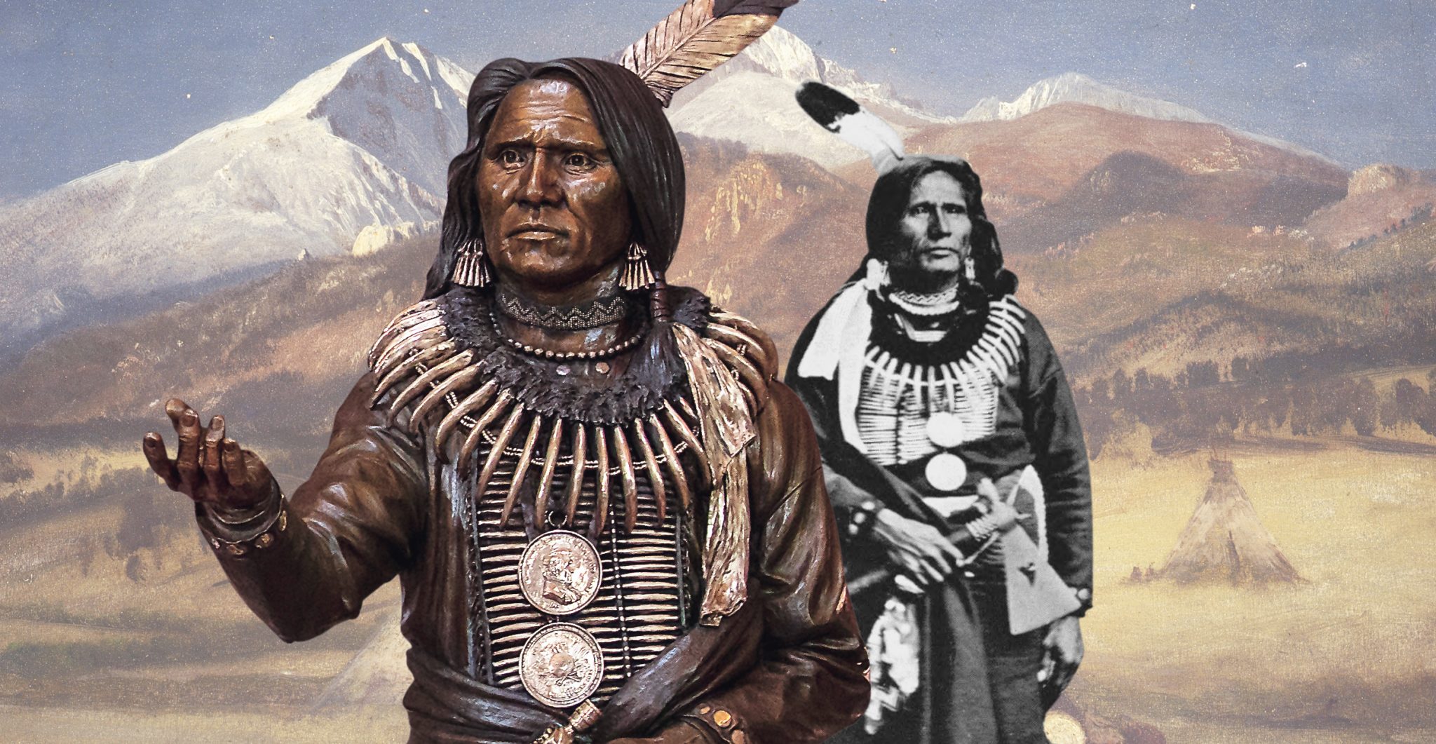 Chief Standing Bear statue next to a historical image of him. Statue image Getty.