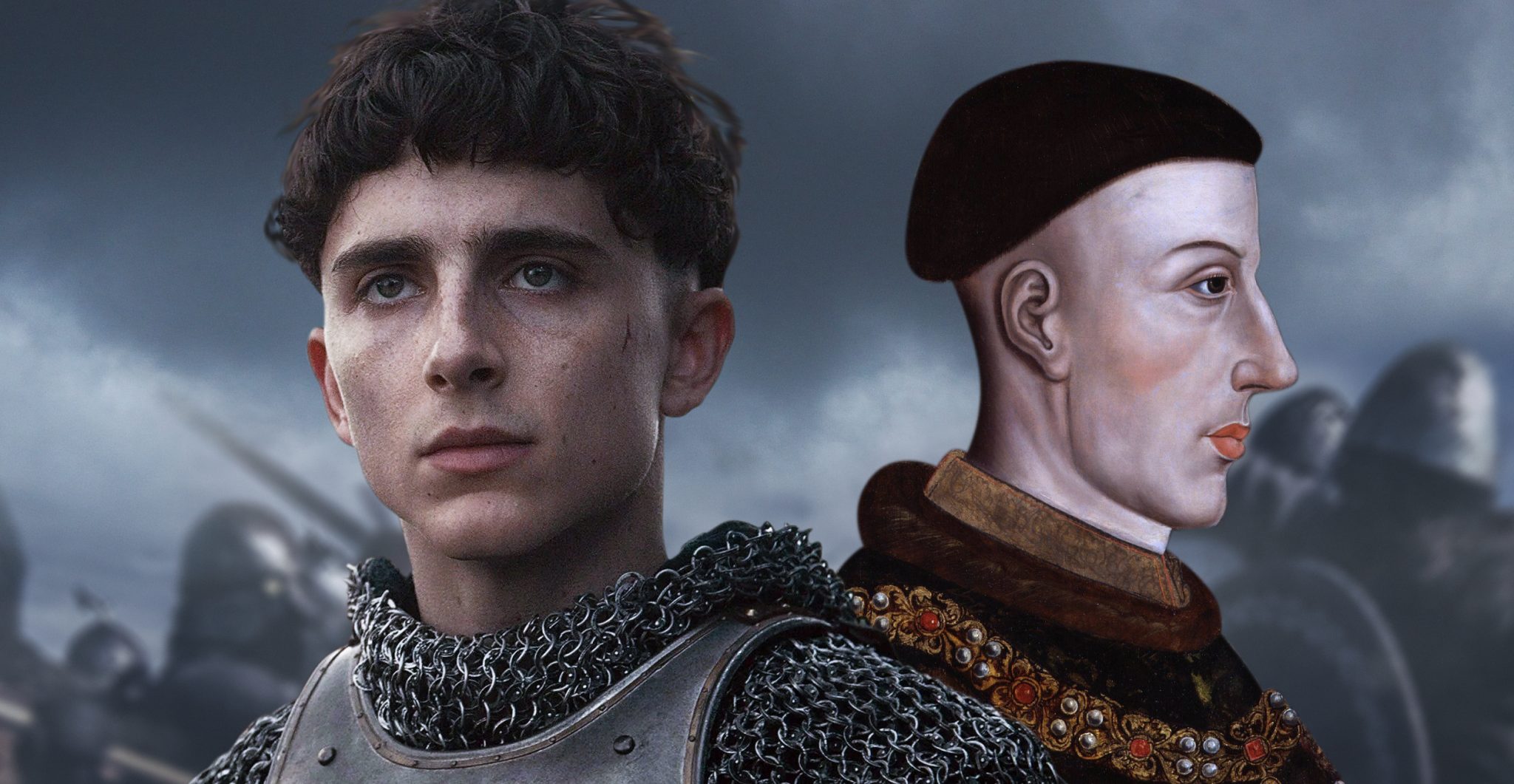 Timothee Chalamet as Henry V in the Netflix series (left) and actual portrait of Henry V (right)