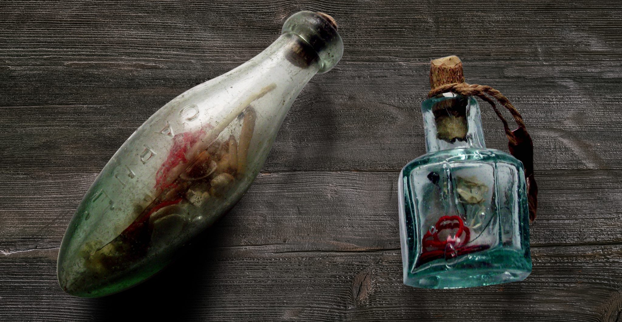 Witch bottles. Photo by Malcolm Lidbury CC by 3.0