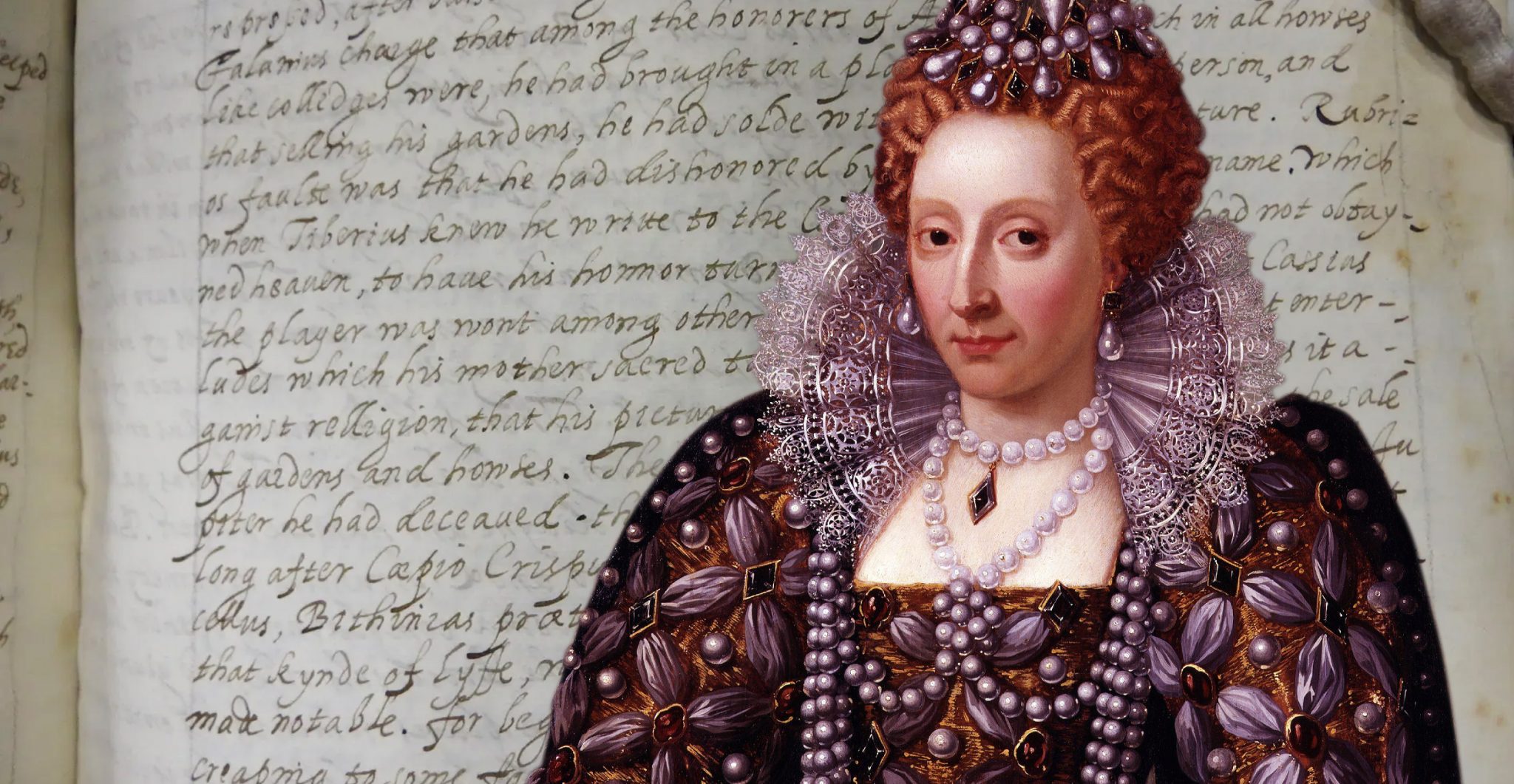 Queen Elizabeth I in front of her handwriting.