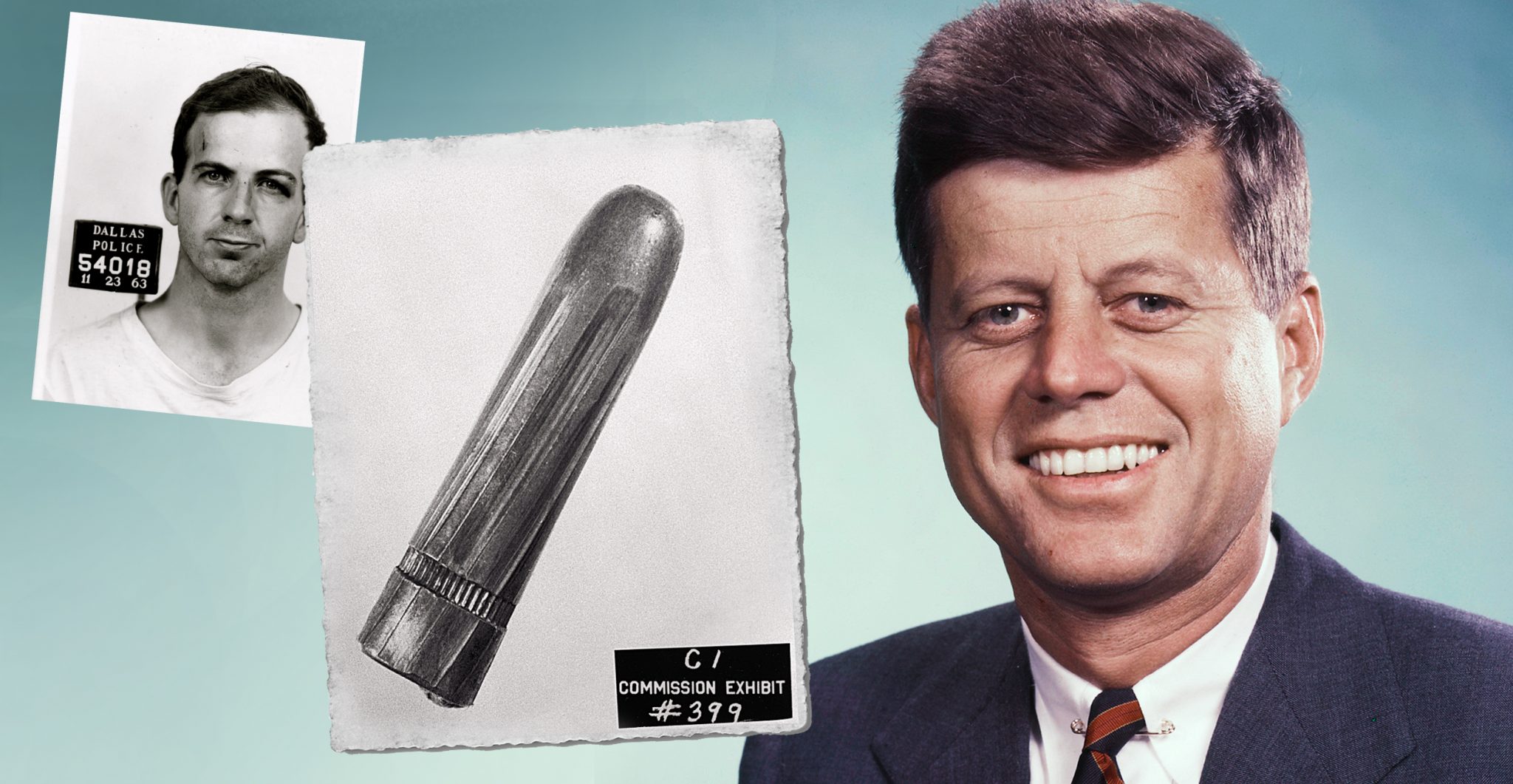 Lee Harvey Oswald, the bullet, and JFK. All images Getty