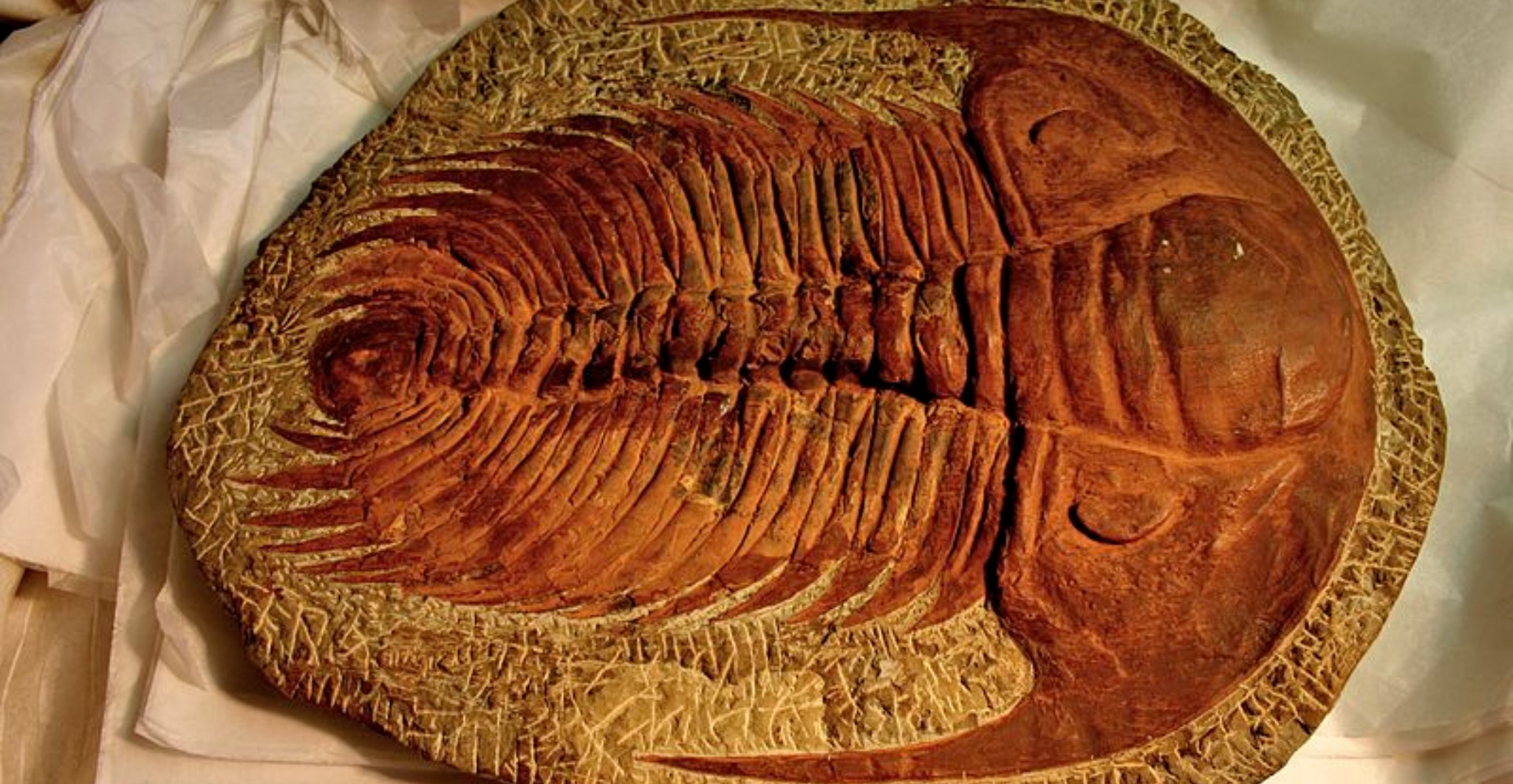 A large trilobite from about 500 million years ago (Middle Cambrian). This is not the fossilized brain. Photo by Mike Peel CC by 2.0