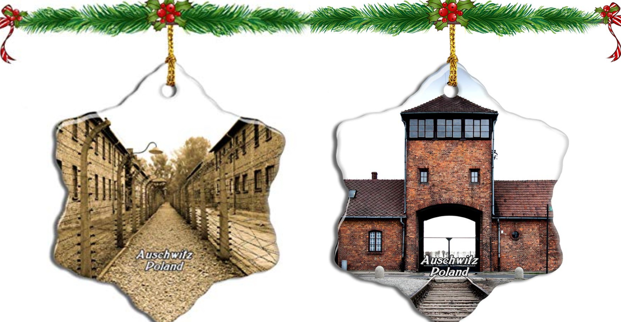 Two of the Auschwitz ornaments which were recalled by Amazon. Images from Auschwitz Memorial Twitter