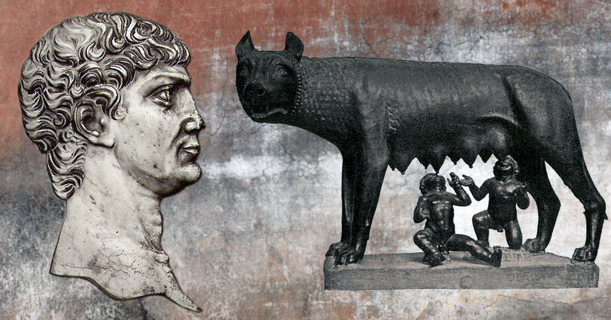 Image of Romulus and statue of Rome founders Remus and Romulus suckling on the she-wolf.