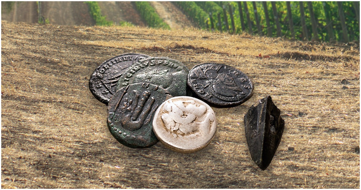 Ancient coins in a field