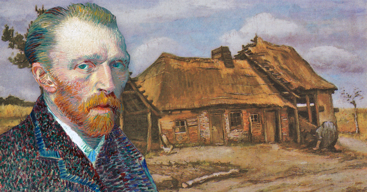 portrait of Van Gogh in front of his painting.