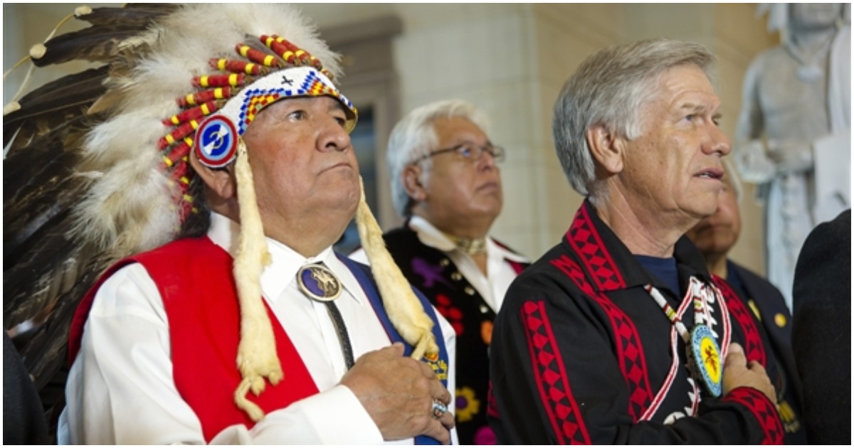 Wallace Coffey, chief of the Comanche Nation of Oklahoma, left, and Choctaw Nation of Oklahoma Chief Gregory Pyle stand during a ceremony in which their tribal citizens received the Congressional Gold Medal in Emancipation Hall at the Capitol in Washington, D.C., Nov. 20, 2013. 