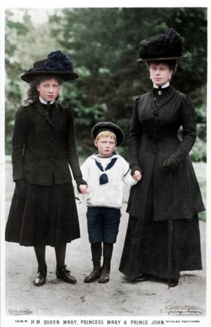 Prince John standing with Queen Mary and Princess Mary