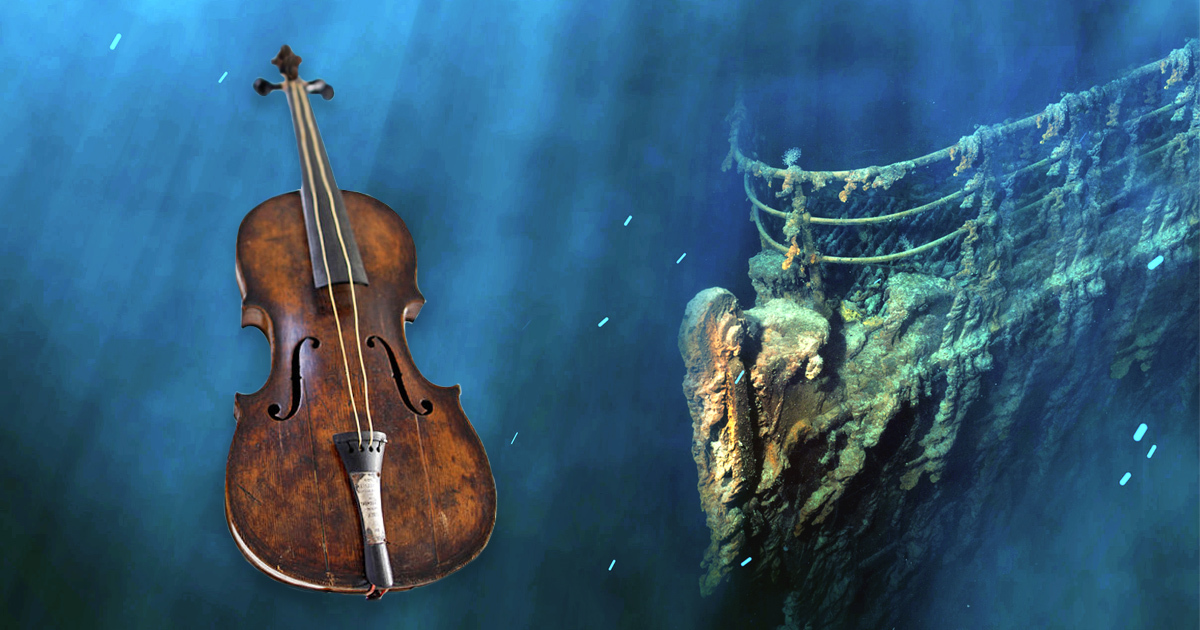 The Hartley violin next to the Titanic wreck.