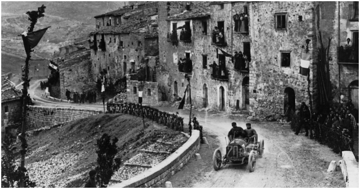 Felice Nazzaro (who later won the race) driving a Fiat in the Targa Florio race, Sicily, 1907. 