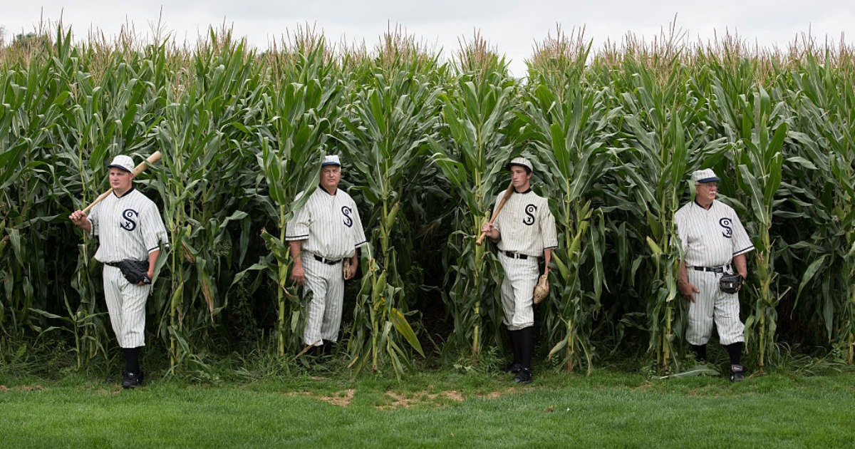 Movie re-enactors gather in their 1919 Chicago White Sox uniforms to perform scenes from Field of Dreams. (Photo by Charles Ommanney/The Washington Post via Getty Images)