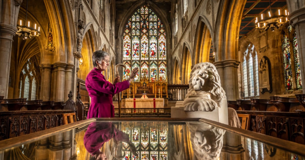 Bishop of Hull Alison White during a photocall as she blesses a statue of Aslan, a character from the Chronicles of Narnia at St Mary's Church. (Photo by Danny Lawson/PA Images via Getty Images)