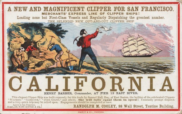 The fastest clipper ships cut the travel time from New York to San Francisco in seven months to four months in the 1849 Gold Rush.