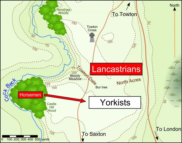 Initial deployments: the Yorkists (white) and Lancastrians (red) at Towton. Jappalang- CC BY-SA 3.0