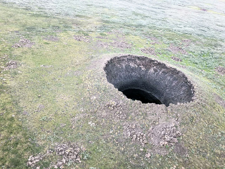 The newest crater on the Yamal peninsula appeared in 2020. Credit:  Vasily Bogoyavlensk