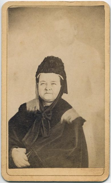 The image of Mary Todd Lincoln, with Abe’s ghostly form behind her. Lincoln Financial Foundation Collection, courtesy of the Indiana State Museum and Allen County Public Library