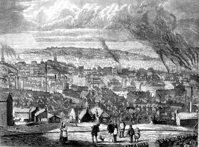 Sheffield in the 19th century. The dominance of industry in the city is evident.