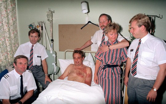 Captain Timothy Lancaster (in bed) with crew members (left to right) Alistair Atchison, John Howard, Nigel Ogden, Susan Prince and Simon Rogers (Picture: PA)
