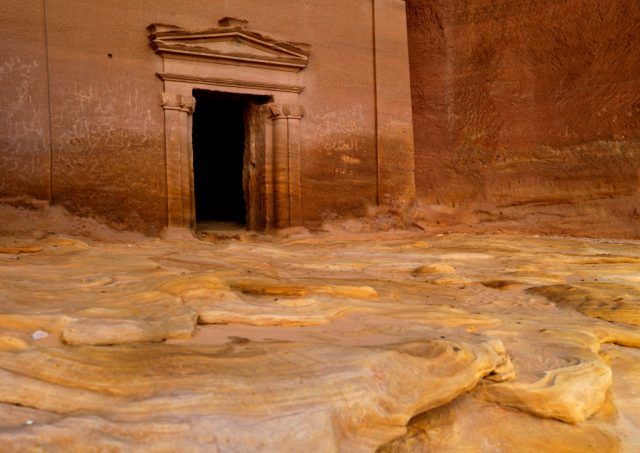 ANabataean tomb in al-Hijr archaeological site in Madain Saleh, Al Madinah Province, Alula, Saudi Arabia on January 25, 2010 in Alula, Saudi Arabia. (Photo by Eric Lafforgue/Art in All of Us/Corbis via Getty Images)