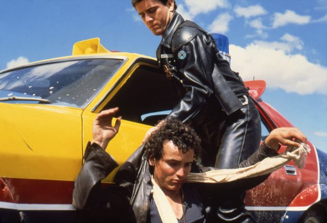 American actor Mel Gibson and English actor Hugh Keays-Byrne on the set of Mad Max written and directed by Australian George Miller. (Photo by Sunset Boulevard/Corbis via Getty Images)