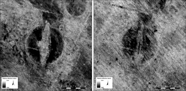 Aggregated GPR amplitude map of the ship burial from a depth-range of 0.3–0.5m below the ground’s surface; right) amplitude map of the ship burial from a depth-range of 0.9–1.1m below the ground’s surface (figure by L. Gustavsen).