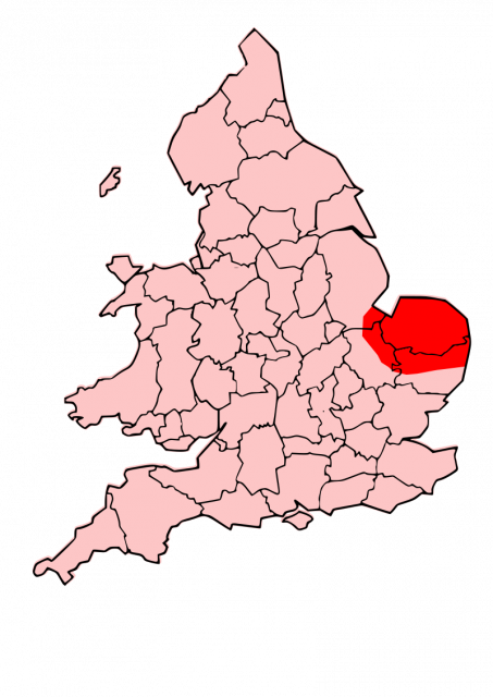 Location of Iceni territory in eastern England, including all of Norfolk; modern county borders are shown. England Celtic tribes CC BY-SA 3.0