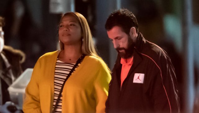 Actors Queen Latifah and Adam Sandler are seen filming night scenes on set of the Netflix feature film “Hustle” on October 17, 2020 in Philadelphia, Pennsylvania. (Photo by Gilbert Carrasquillo/GC Images)