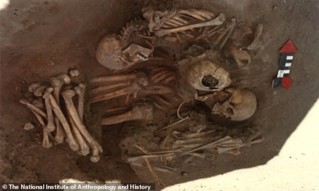 The remains of Europeans sacrificed by the villagers at Tecoaque. The skeletons were torn apart, with cut marks indicating the flesh had been removed from the bone