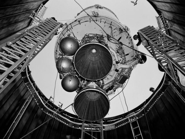 A Centaur upper stage like this one, photographed in 1964, was recently identified by a telescope that normally looks for asteroids. (NASA)