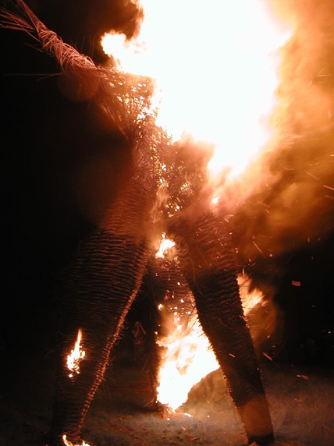 The Wicker Man burns at the Wicker Man festival on the hillside above Dundrennan, Scotland. The burning of the wicker man is the climactic event of the festival. Image by Simon Brooke CC BY-SA 2.0