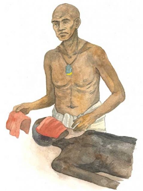 The papyrus provides new evidence of the process of embalming the deceased’s face. The face is covered with a piece of red linen and scented substances. Illustration by Ida Christensen.