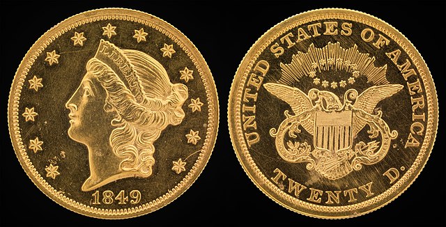 Front and back photograph of the 1849 Double Eagle coin