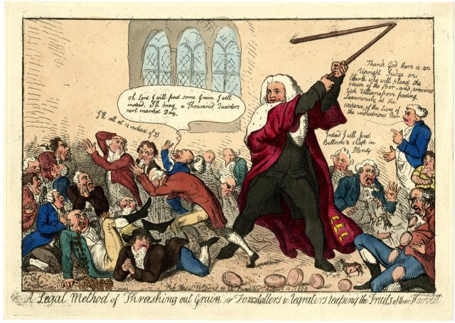 print showing a magistrate whipping grain profiteers