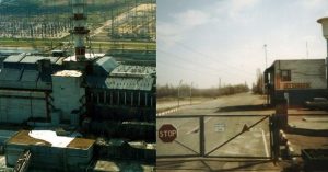An aerial view of Chernobyl and the entrance into the Exclusion Zone