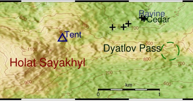 Map of Dyatlov Pass, showing key locations.