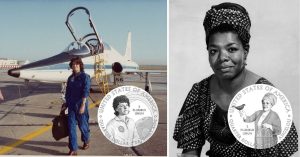 Sally ride and maya angelou with quarters that depict them