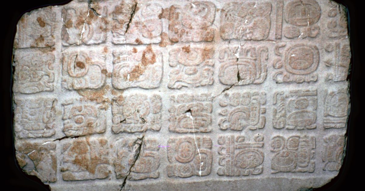 Mayan hieroglyphs on part of a door lintel from Naranjo in Guatemala. (Photo Credit: Photo by CM Dixon/Print Collector/Getty Images)