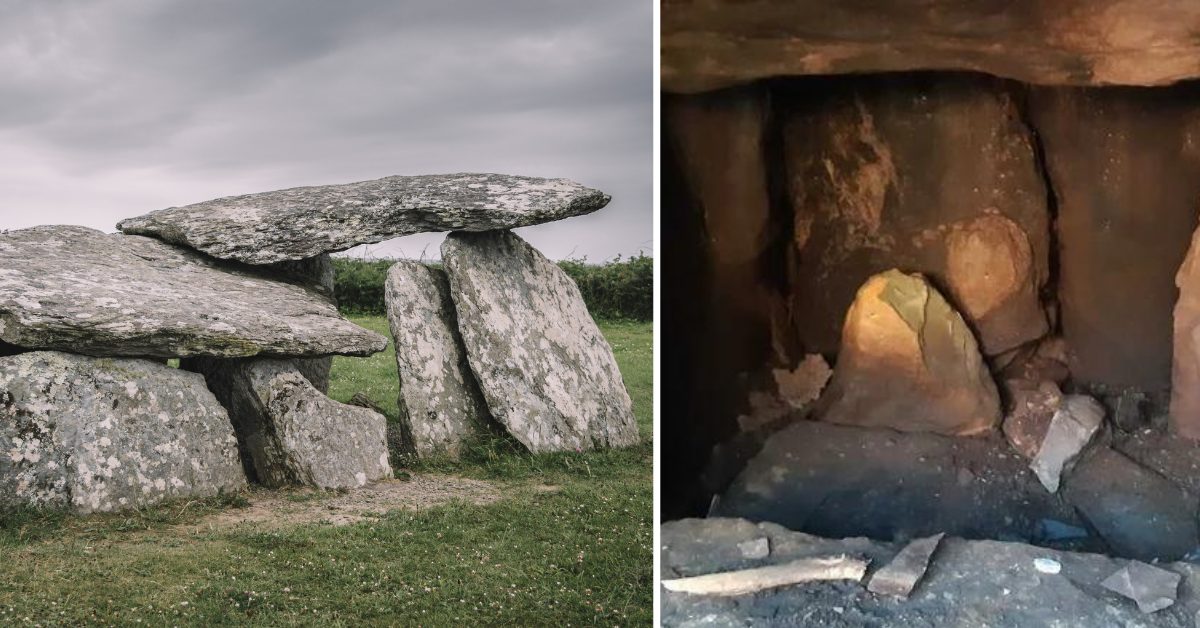 Left, a wedge tomb in Co. Cork. Right, an image of the recently uncovered Dingle tomb. (Photo Credit: Slongy / Wikipedia, CC BY 4.0 | RTE)