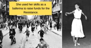 Left, a photograph taken on Liberation Day in Holland. Right, Audrey Hepburn learns to gavotte in Rome.