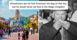 Khrushchev eats his first American hot dog on his 1959 trip to the U.S.