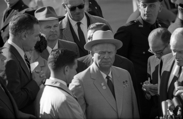 Nikita Khrushchev with journalists at Idlewild Airport in New York, September 19, 1959.