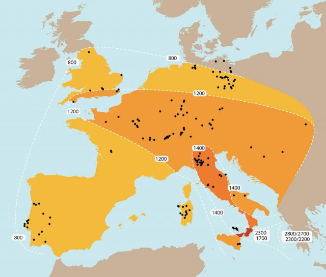 Map showing the spread of weighing technology in Bronze Age Europe