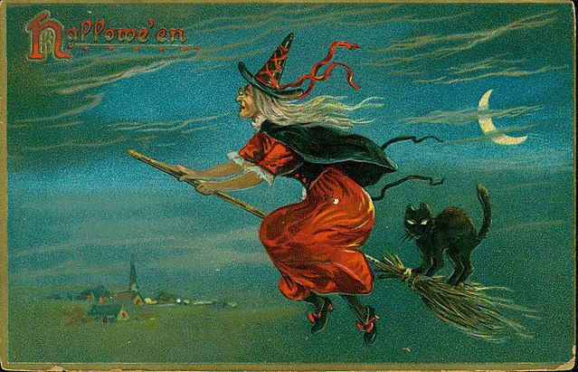 Halloween card featuring a witch riding a broom with a black cat