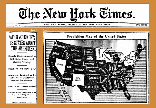 Map published in the New York Times in 1919, showing the states that ratified the National Prohibition Act