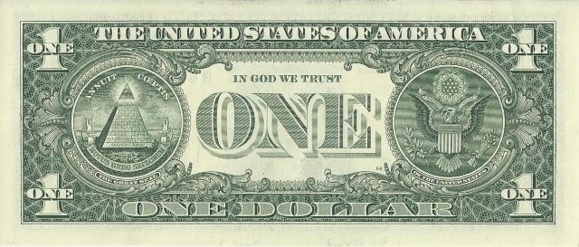 A reverse view of the US $1 banknote